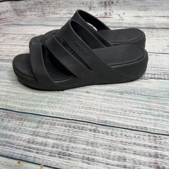 Crocs Black Boca Strappy Wedge Slide Sandals – Dual Crocs Comfort 8 - Picture 1 of 4